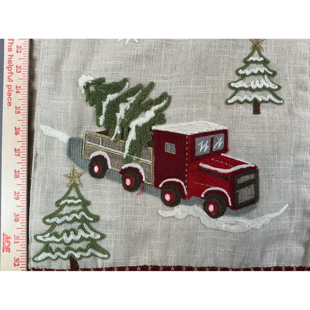 Domain Christmas Table Runner Red Truck Pine Tree Embroidered Linen Blend 13x70 - Picture 2 of 3